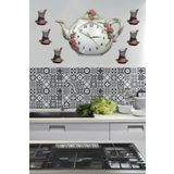 AYDİZAYN Çaydanlık Polyester Duvar Mutfak Saati ve Bardaklar BEYAZ 43 x 33