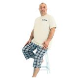 Aydoğan Erkek %100 Pamuk Ekose Kareli Büyük Beden Bej Kısa Kollu Kapri Pijama Takımı