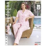 Aydoğan Kadın %100 Pamuk Önden Düğmeli Büyük Beden Pembe Kısa Kollu Düz Paça Pijama Takımı