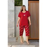 Aydoğan Kadın %95 Viskon %5 Esnek Kısa Kol Kapri Büyük Beden Kırmızı Pijama Takımı