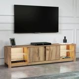 Aydos Led Işıklı Modern Tv Sehpası – Cam Raflı, 2 Kapaklı, 180 Cm Antik Ceviz