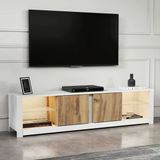 Aydos Led Işıklı Modern Tv Sehpası – Cam Raflı, 2 Kapaklı, 180 Cm Beyaz/Antik Ceviz