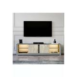 Aydos Led Işıklı Modern Tv Sehpası – Cam Raflı, 2 Kapaklı, 180 Cm Gri/Traverten