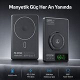 Ayers 10000 Mah Taşınabilir Manyetik Powerbank, Telefon ve Akıllı Saat Uyumlu Kablosuz Şarj Cihazı, Magnetic, 15W Max Kablosuz Şarjlı, Pd 22.5W Hızlı Şarj Özellikli, Type-C Giriş Uyumlu Standlı Powerbank - Siyah