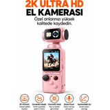 Ayers 2k Ultra Hd Pocket El Kamerası, 360° Dönebilen Başlıklı, Otomatik Odaklamalı, Stereo Ses Kayıtlı, Renkli Ekranlı Taşınabilir Mini Vlog ve Aksiyon Kamerası - Pembe