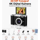 Ayers 48 Mp 4K Dijital Fotoğraf Makinesi, 2.4 Inç Döndürülebilir IPS Flip Ekran, 18X Dijital Zoom, Flaş, Type-C Şarj, 128 GB Microsd Destekli, Türkçe Menü, 64 GB Hafıza Kartı Hediyeli - Siyah