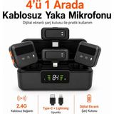Ayers 4’ü 1 Arada Kablosuz Yaka Mikrofonu, 2.4g Bağlantılı Dijital Ekranlı Şarj Kutulu Mikrofon Seti, Type-C ve Lightning Giriş Destekli, Kablosuz Lavalier Mikrofon, Telefon ve Video Çekimi - Siyah