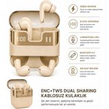 Ayers FB29 Kablosuz Bluetooth Kulaklık, Enc Destekli Tws Earbuds, Çift Dijital Göstergeli Şarj Kutusu, Type-C Şarjlı Deri Dokulu Kablosuz Kulaklık - Krem