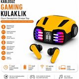 Ayers Kablosuz Gaming Kulaklık – Bluetooth 5.0 LED Işıklı Oyuncu Kulaklığı, Düşük Gecikmeli Tws Kulaklık, Dijital Göstergeli Şarj Kutusu, Dokunmatik Kontrol, Type-C Şarj, 13MM Stereo Bass Ses - Sarı