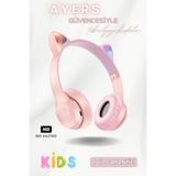 Ayers Kız Çocukları Için Işıklı Kedili Mikrofonlu Kablosuz Sd Kart P47m Bluetoothlu Çocuk Kulaklık