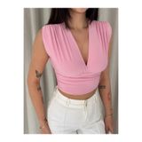 AYGENÇ Vatkalı Kolsuz V Yaka Drapeli Crop Bluz Likralı Fit - Pembe