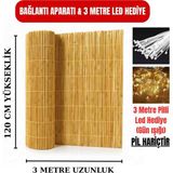 Ayghome - 120X300 cm Doğal Kamış Hasır Çit - 3 Metre Pilli LED Işık ve Bağlantı Aparatı Hediyeli - Misina Örgülü Balkon Bahçe Gölgelik
