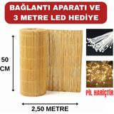 Ayghome 50X250 cm Doğal Hasır Kamış Çit + 3 Metre LED Işık + Bağlantı Aparatı Seti - Balkon Bahçe Tam Takım