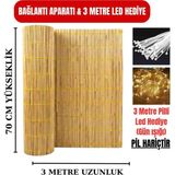 Ayghome - Doğal Saz Kamış Hasır Çit 70CM x 3 Metre - Misina Örgülü - 3 Metre LED Işık ve Bağlantı Aparatı Seti - Bahçe Balkon Gölgelik