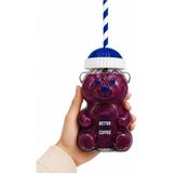 Ayıcık Cam Bardak 500 ml Şeffaf Kalın Cam Kağıt Pipetli Soğuk Içecek, Kahve, Detoks ve Froz - Çok Renkli