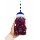 Ayıcık Cam Bardak 500 ml Şeffaf Kalın Cam Kağıt Pipetli Soğuk İçecek, Kahve, Detoks ve Frozen için Uygun Mavi