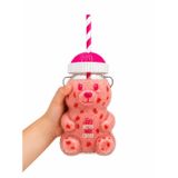 Ayıcık Cam Bardak 500 ml Şeffaf Kalın Cam Kağıt Pipetli Soğuk İçecek, Kahve, Detoks ve Frozen için Uygun Pembe