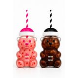 Ayıcık Cam Bardak 500 ml Şeffaf Kalın Cam Kağıt Pipetli Soğuk İçecek, Kahve, Detoks ve Frozen için Uygun Renkli Detaylı (Ayıcık, Pembe Siyah)