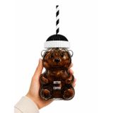 Ayıcık Cam Bardak 500 ml Şeffaf Kalın Cam Kağıt Pipetli Soğuk İçecek, Kahve, Detoks ve Frozen için Uygun Siyah