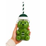 Ayıcık Cam Bardak 500 ml Şeffaf Kalın Cam Kağıt Pipetli Soğuk İçecek, Kahve, Detoks ve Frozen için Uygun Yeşil