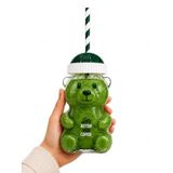 Ayıcık Cam Bardak 500 ml Şeffaf Kalın Cam Kağıt Pipetli Soğuk İçecek, Kahve, Detoks ve Frozen için Uygun Yeşil