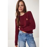 Ayıcık Işlemeli Triko Kazak LDP0028 Bordo - Standart