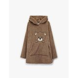 Ayıcık İşlemeli Uzun Kollu Kapüşonlu Oversize Peluş Sabahlık