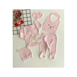 Ayıcık Nakışlı Desen 5 Parça Bebek Takımı Pembe Esnek Dokuma 5 Parça Düz Casual