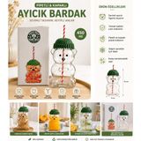 Ayıcık Tasarımlı Cam Bardak Pipetli ve Kapaklı – Soğuk Içecek Bardağı 450 ml - Şeffaf - Yeşil