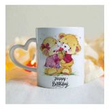 Ayıcık Tasarımlı Happy Birthday Sevgili Çiftlere Kalp Kulplu Baskılı Kupa