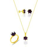 Aykat Lotus Çiçeği Gümüş Yaldızlı Ametist Taşlı Set Küpe Kolye Ayarlamalı Yüzük SET-419
