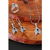 Aykat SET-256 Safir Taşlı Oksitli Telkari Yüzük Küpe Kolye Ucu Gümüş Set