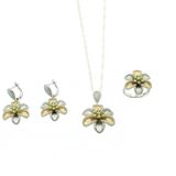 Aykat SET-293 Yaldızlı Zirkon Taşlı Papatya Modeli Gümüş Üçlü Set Yüzük Küpe Kolye Ucu