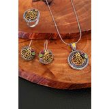 Aykat SET-326 Kök Yakut ve Zümrüt Taşlı Tuğralı Otantik Telkari Set Küpe Kolye Gümüş Yüzük