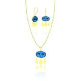 Aykat SET-433 Sarı Gold Rengi İki Gözlü Nazarlık Küpe ve Kolye Ucu Gümüş Set