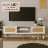 Aykol Mobilya %100 Mdf Rattan(Jüt Kumaş ) Kapaklı Tv Ünitesi (180 Cm) – Premium Seri - Beyaz