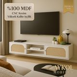 Aykol Mobilya %100 Mdf Rattan(Jüt Kumaş ) Kapaklı Tv Ünitesi (180 Cm) – Premium Seri - Mat Beyaz