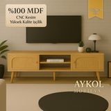Aykol Mobilya %100 Mdf Rattan(Jüt Kumaş ) Kapaklı Tv Ünitesi (180 Cm) – Premium Seri - Meşe
