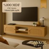 Aykol Mobilya %100 Mdf Rattan(Jüt Kumaş ) Kapaklı Tv Ünitesi (180 Cm) – Premium Seri - Safir Meşe