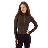 Ayma Active Dar Fit Fermuarlı Spor Üst – EcoVero™ Kumaş, Uzun Kollu, Baş Parmak Delikli, Cepli Sporcu Hırka (Kahverengi, XS)