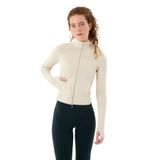 Ayma Active Dar Fit Fermuarlı Spor Üst – EcoVero™ Kumaş, Uzun Kollu, Baş Parmak Delikli, Cepli Sporcu Hırka (Krema, M)