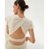 Ayma Active Kadın Krem Sırt Pencereli Bluz - EcoVero Viskoz, Hafif ve Nefes Alan Kumaş, Sırt Pencereli Detaylı, Göğüs Pedli, Pilates, Yoga, Günlük ve Spor Kullanım İçin Rahat Bluz Crop Top - Krem - Ekru