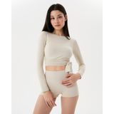 Ayma Active Kadın Krem Uzun Kollu Sırt Pencereli Bluz - EcoVero Viskoz, Hafif Kumaş, Sırt Pencereli, Uzun Kollu, Göğüs Pedli, Pilates, Yoga, Günlük ve Spor Aktiviteleri İçin Rahat Bluz Crop Top