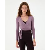 Ayma Active Kadın Lila Anvelop Wrap Crop -EcoVero Viskoz, Belden Bağlamalı, Vücuda Oturan, Kruvaze Tasarım, Kısa Crop Boy, Yoga, Pilates, Spor ve Günlük Aktiviteler İçin Rahat Bluz