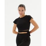 Ayma Active Kadın Siyah Sırt Pencereli Bluz - EcoVero Viskoz, Hafif ve Nefes Alan Kumaş, Sırt Pencereli Detaylı, Göğüs Pedli, Pilates, Yoga, Günlük ve Spor Kullanım İçin Rahat Bluz Crop Top - XS