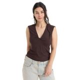 Ayma Active Kadın Twist Bluz - EcoVero™ Viskoz, Önde Burgu Detaylı, V Yaka, Çift Kat Ön, Düşük Omuzlu Rahat Bluz (Kahverengi, L)