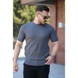 Aymood Erkek Bisiklet Yaka Örgü Desenli Kısa Örme Triko Kısa Kollu T-Shirt - Füme - 2XL