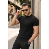 Aymood Erkek Örgü Desen Bisiklet Yaka Triko Tişört - %100 Pamuk Akrilik - Siyah - 2XL