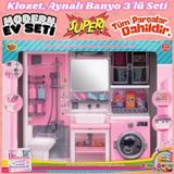 Ayna, Tuvalet ve Çamaşır Makinesi Banyo Seti - Modern Banyo Seti - Banyo Oyuncak Seti - Klozet, Tuva