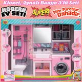 Ayna, Tuvalet Ve Çamaşır Makinesi Banyo Seti - Modern Banyo Seti - Banyo Oyuncak Seti - Klozet, Tuvalet, Aynalı Lavabo,